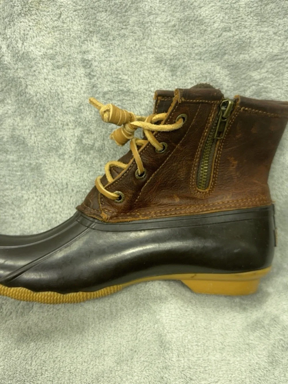 Sperry Saltwater Boots Women 7 Black Brown Leather Rubber Sole Lined Boating